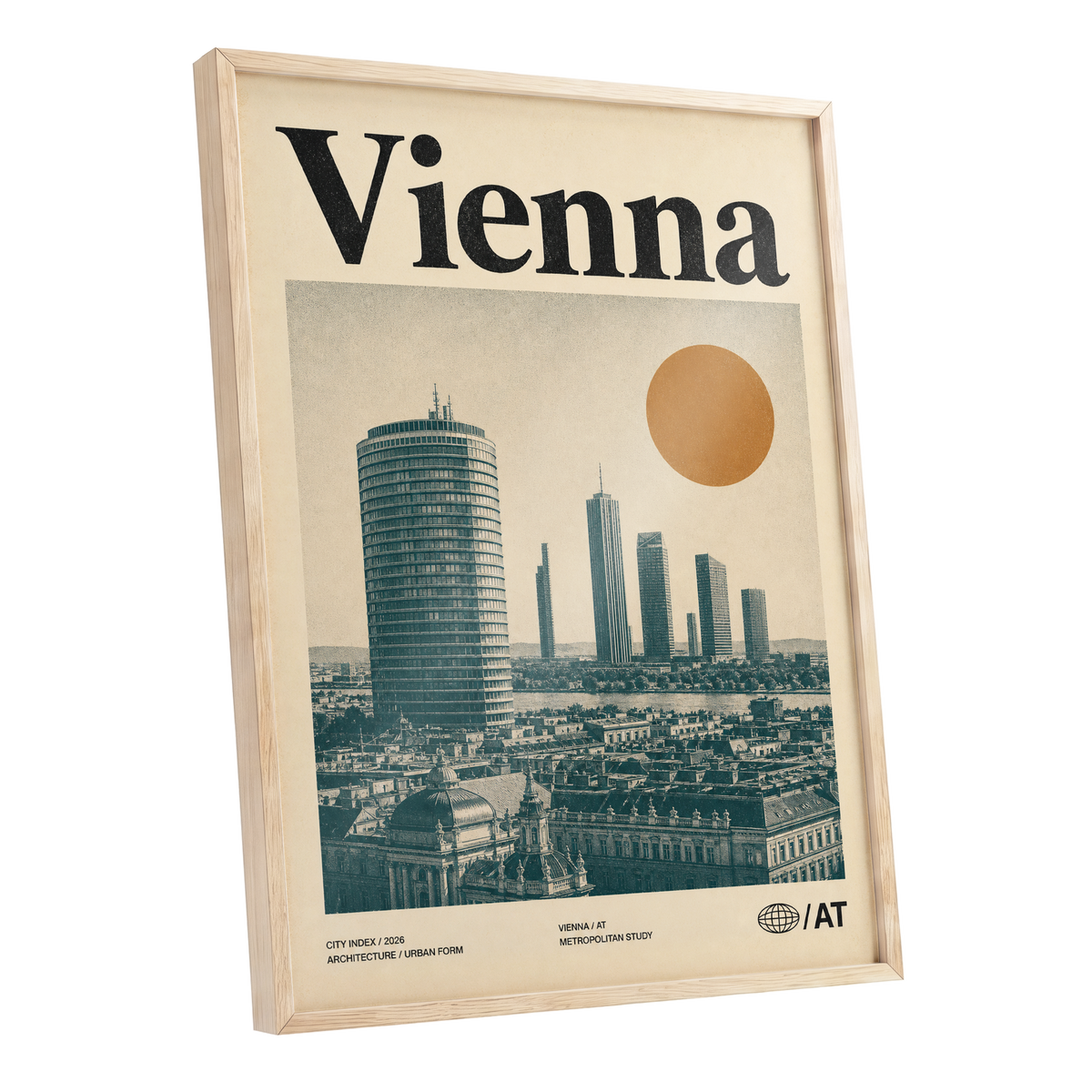 Vienna Skyline Study, beige, green, black minimalist wall art shown as a oak framed poster wall art print