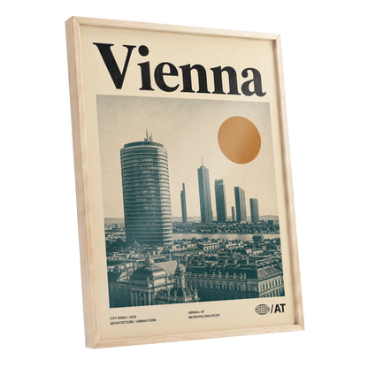 Vienna Skyline Study, beige, green, black minimalist wall art shown as a oak framed poster wall art print