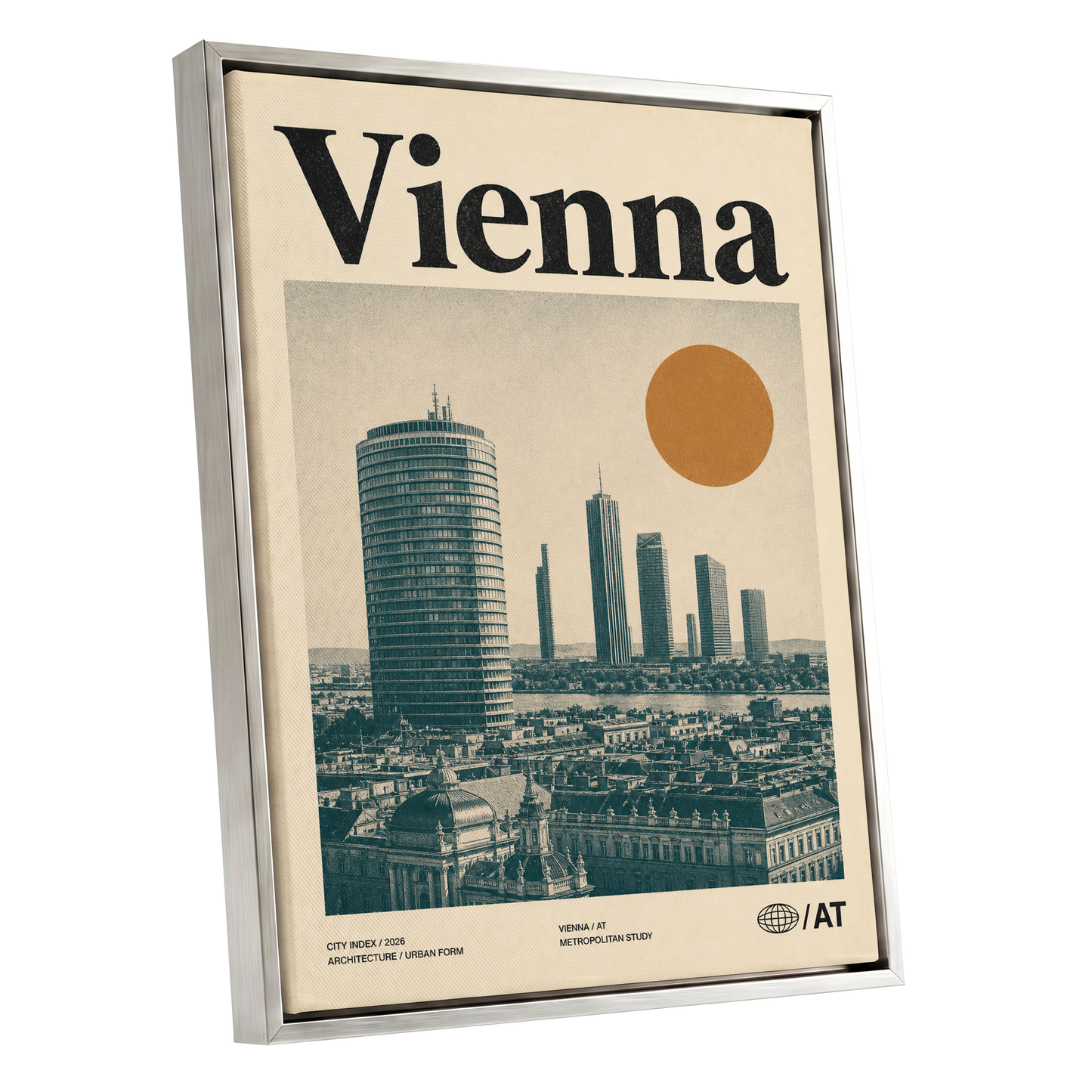 Vienna Skyline Study, beige, green, black minimalist wall art shown as a silver framed canvas wall art