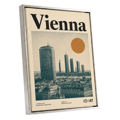 Vienna Skyline Study, beige, green, black minimalist wall art shown as a silver framed canvas wall art
