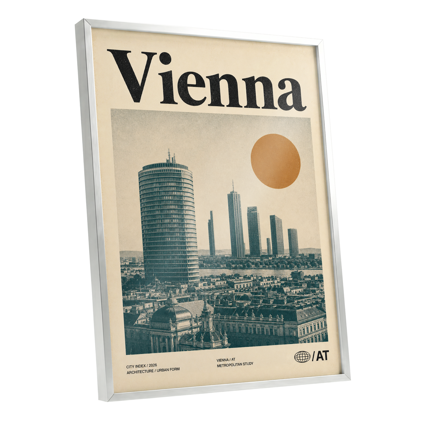 Vienna Skyline Study, beige, green, black minimalist wall art shown as a silver framed poster wall art print