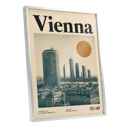 Vienna Skyline Study, beige, green, black minimalist wall art shown as a silver framed poster wall art print
