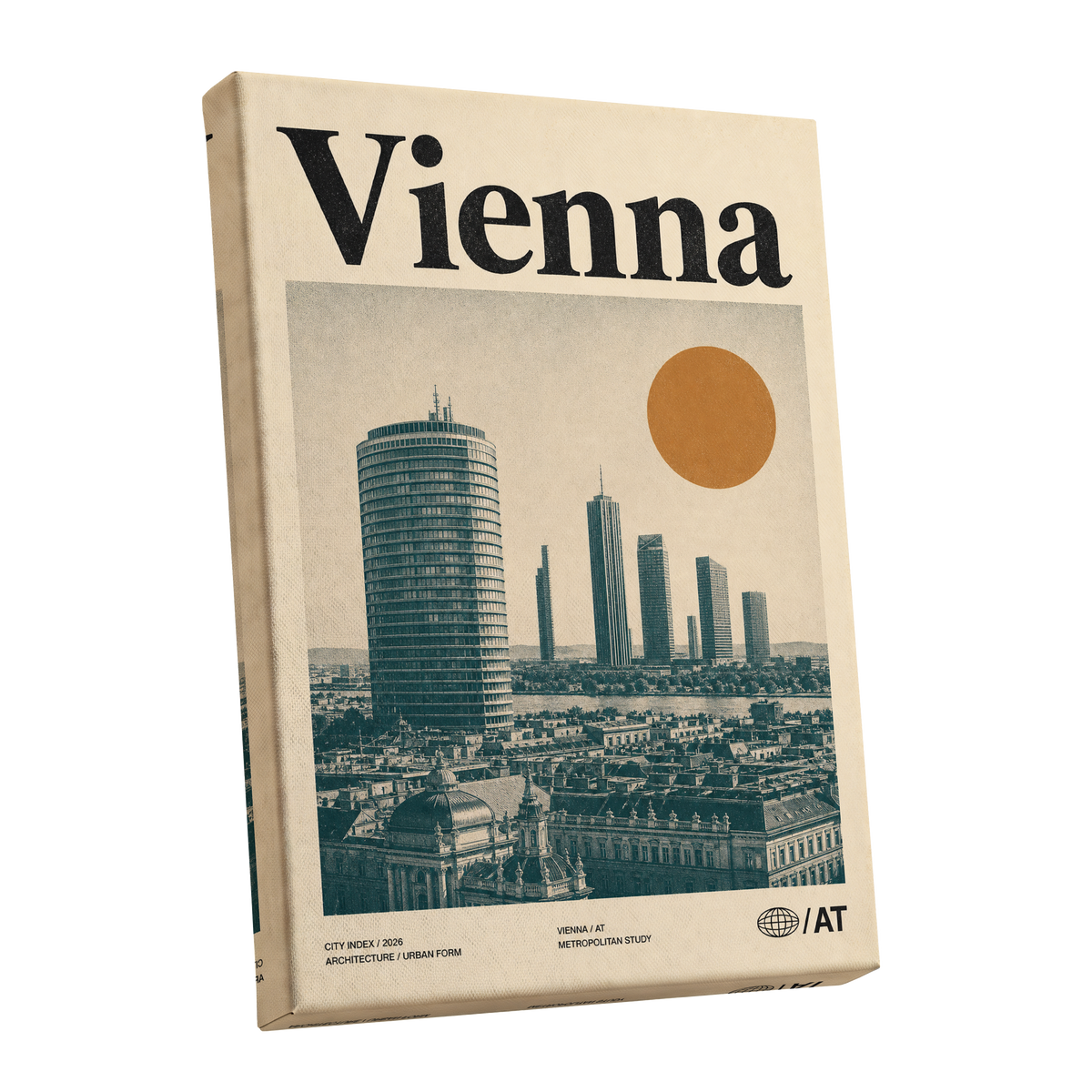 Vienna Skyline Study, beige, green, black minimalist wall art shown as a stretched canvas wall art