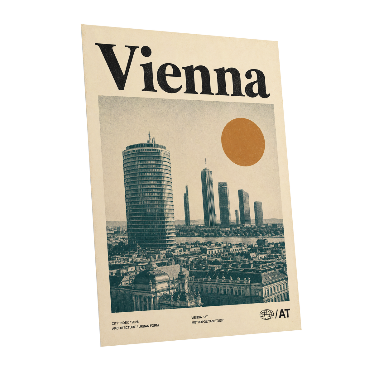 Vienna Skyline Study, beige, green, black minimalist wall art shown as a unframed poster wall art print
