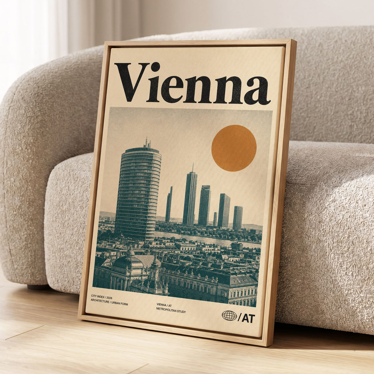 Vienna Skyline Study, beige, green, black minimalist wall art displayed in a styled interior, gallery view 1