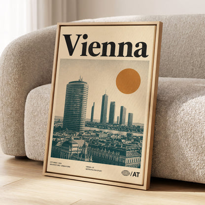 Vienna Skyline Study, beige, green, black minimalist wall art displayed in a styled interior, gallery view 1