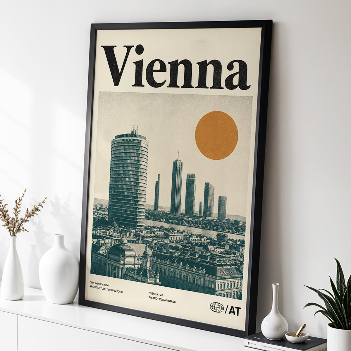 Vienna Skyline Study, beige, green, black minimalist wall art displayed in a styled interior, gallery view 2