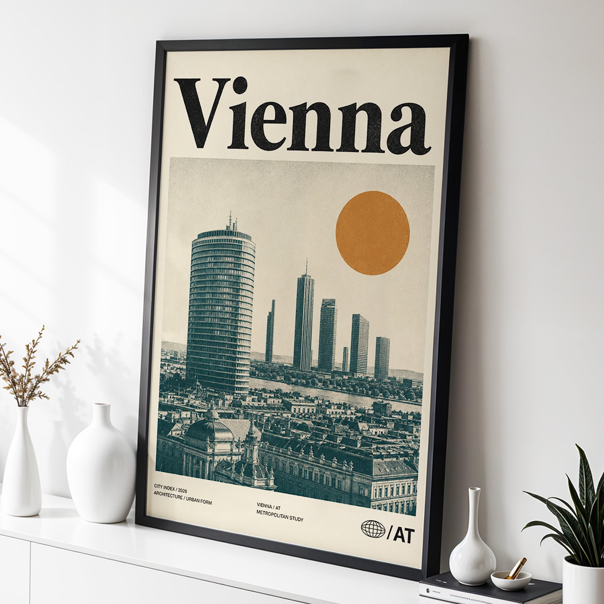 Vienna Skyline Study, beige, green, black minimalist wall art displayed in a styled interior, gallery view 2