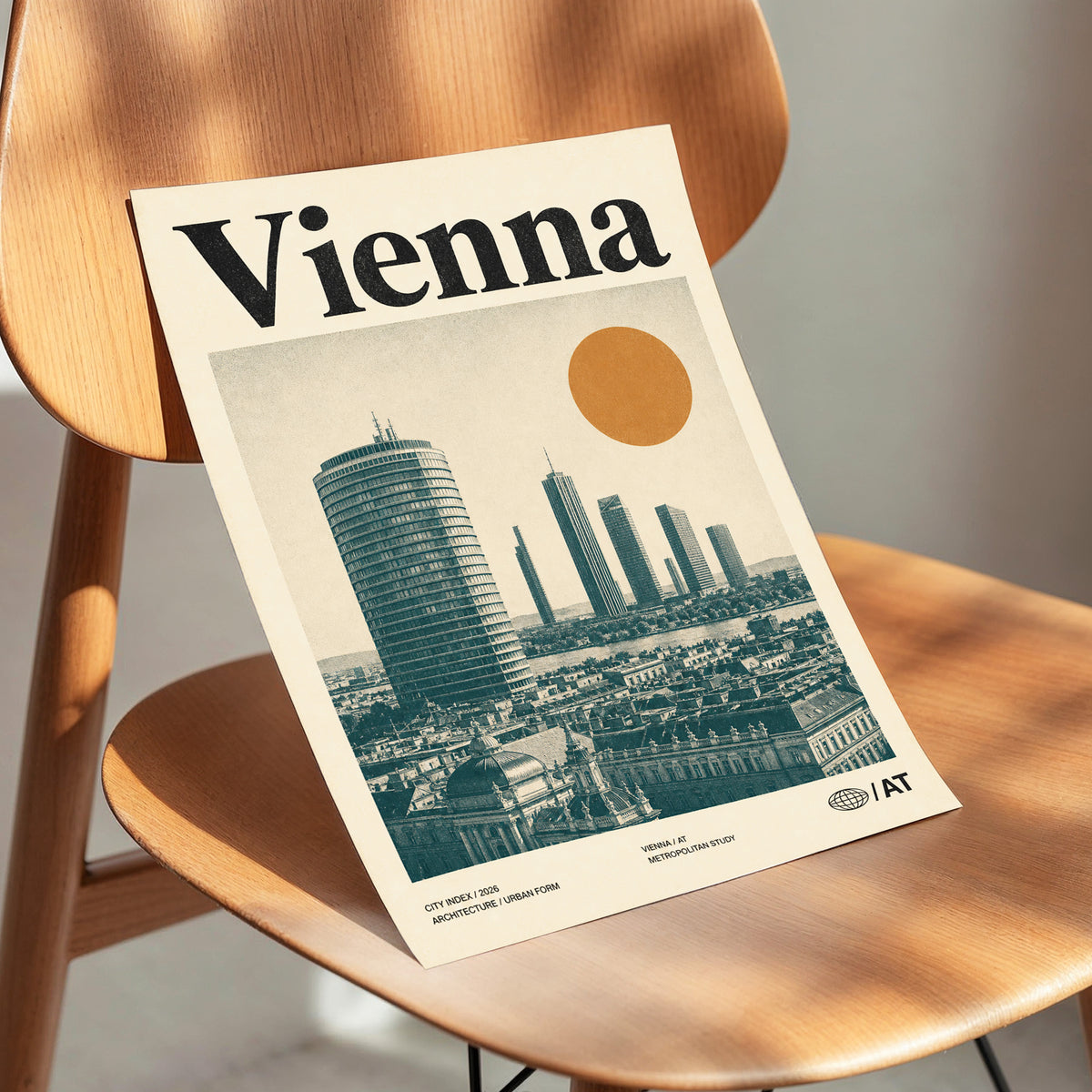 Vienna Skyline Study, beige, green, black minimalist wall art displayed in a styled interior, gallery view 3