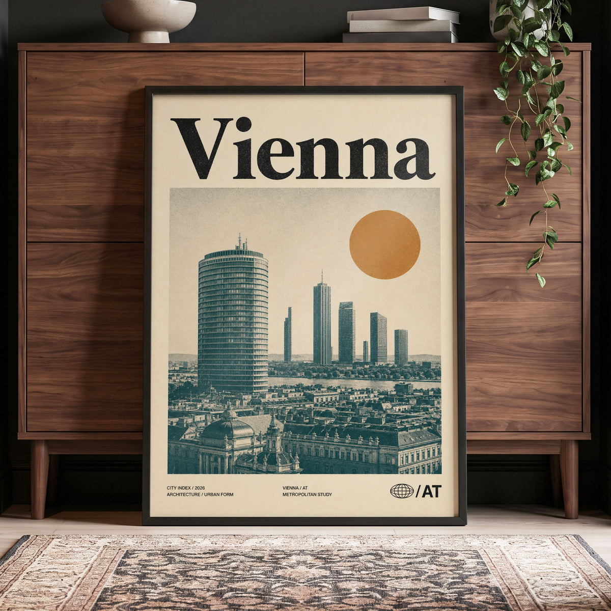 Vienna Skyline Study, beige, green, black minimalist wall art displayed in a styled interior, gallery view 4