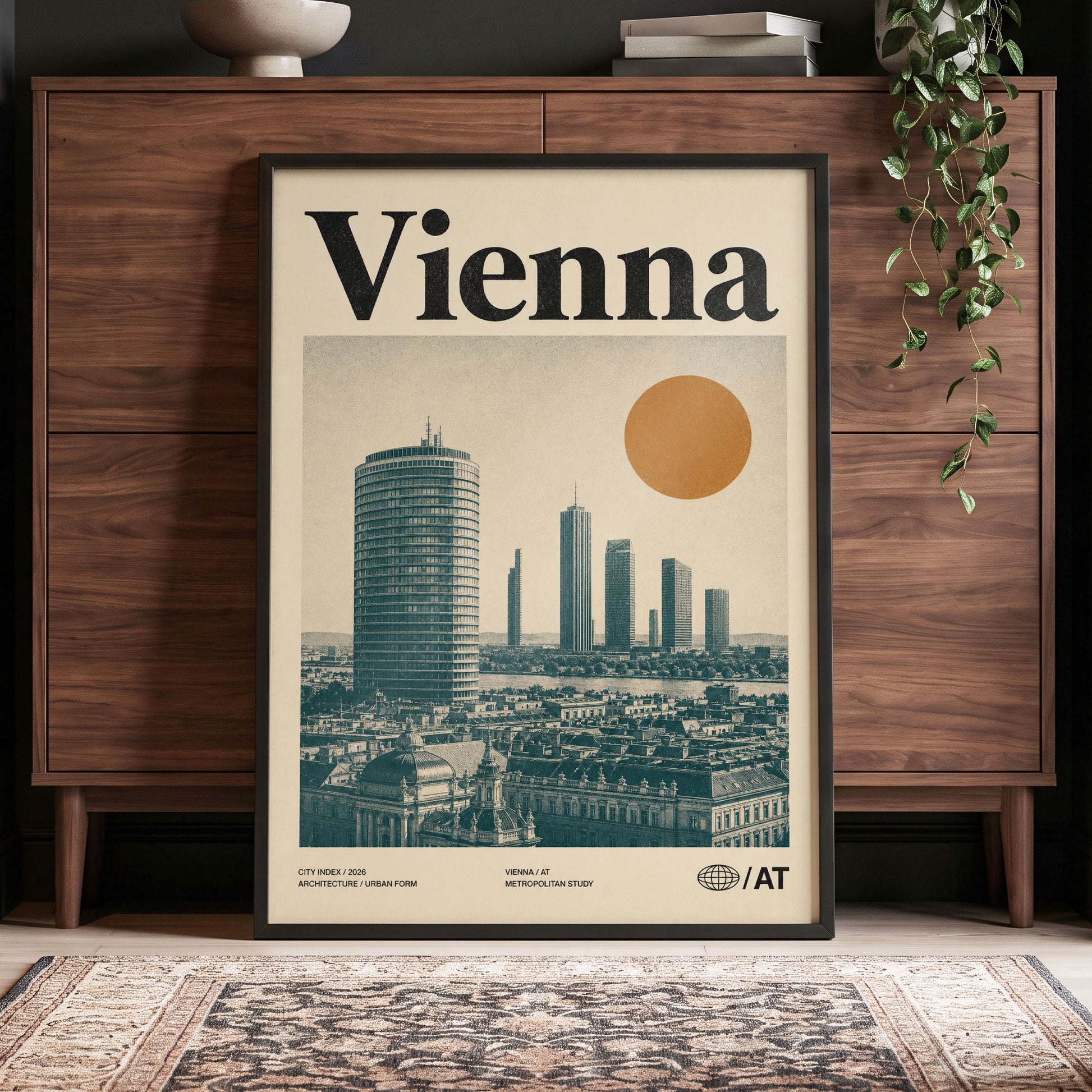 Vienna Skyline Study, beige, green, black minimalist wall art displayed in a styled interior, gallery view 4