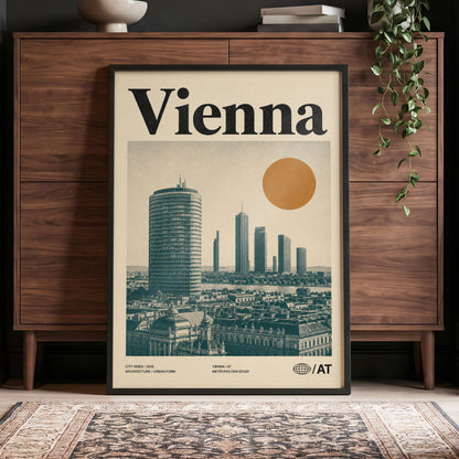 Vienna Skyline Study, beige, green, black minimalist wall art displayed in a styled interior, gallery view 4