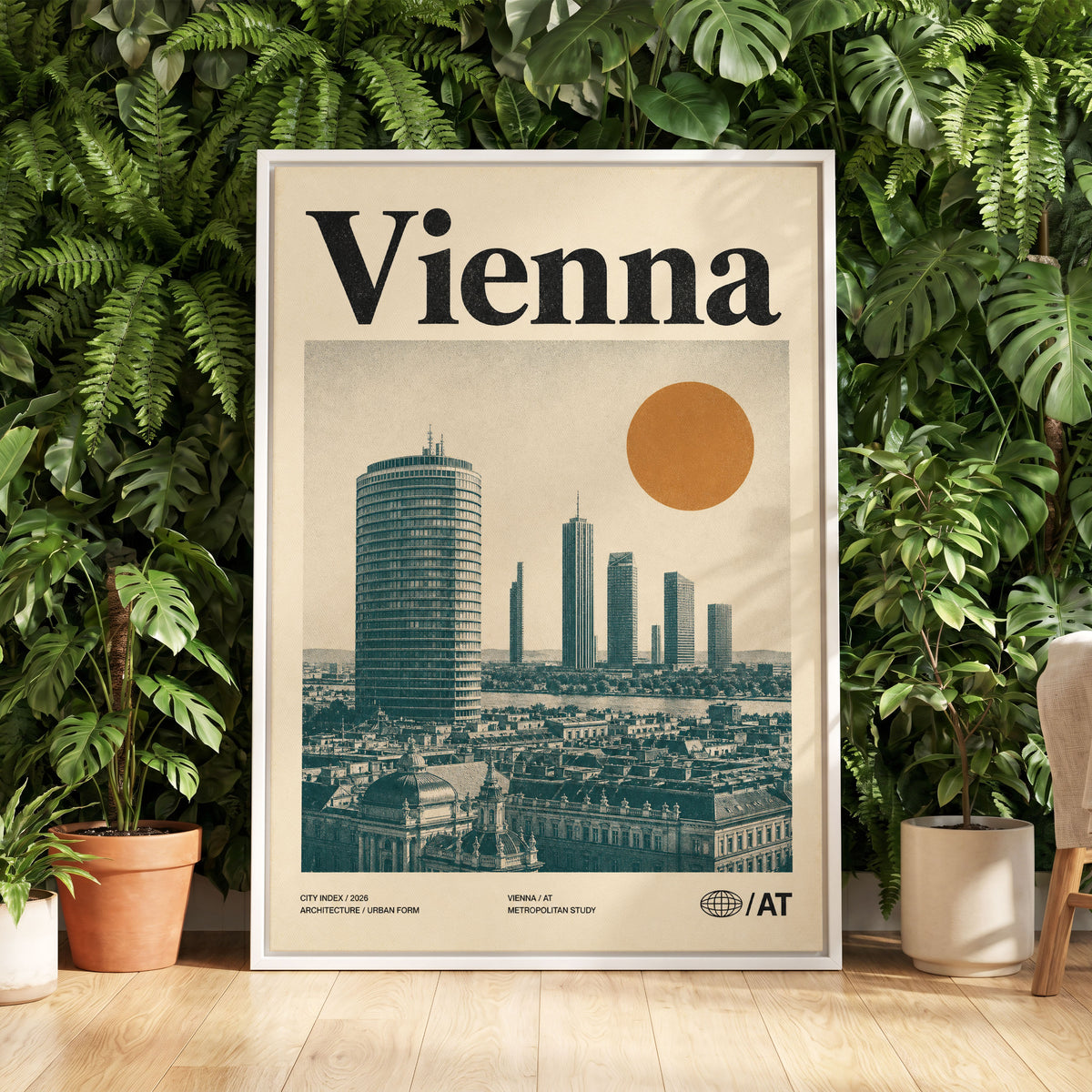 Vienna Skyline Study, beige, green, black minimalist wall art displayed in a styled interior, gallery view 5