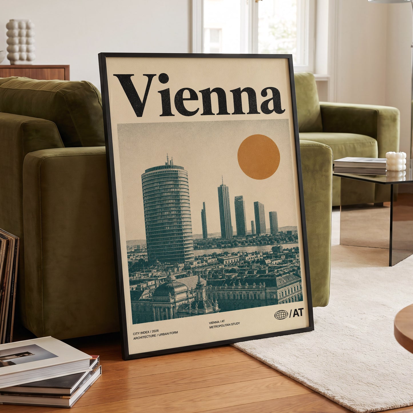 Vienna Skyline Study, beige, green, black minimalist wall art displayed in a styled interior, gallery view 6