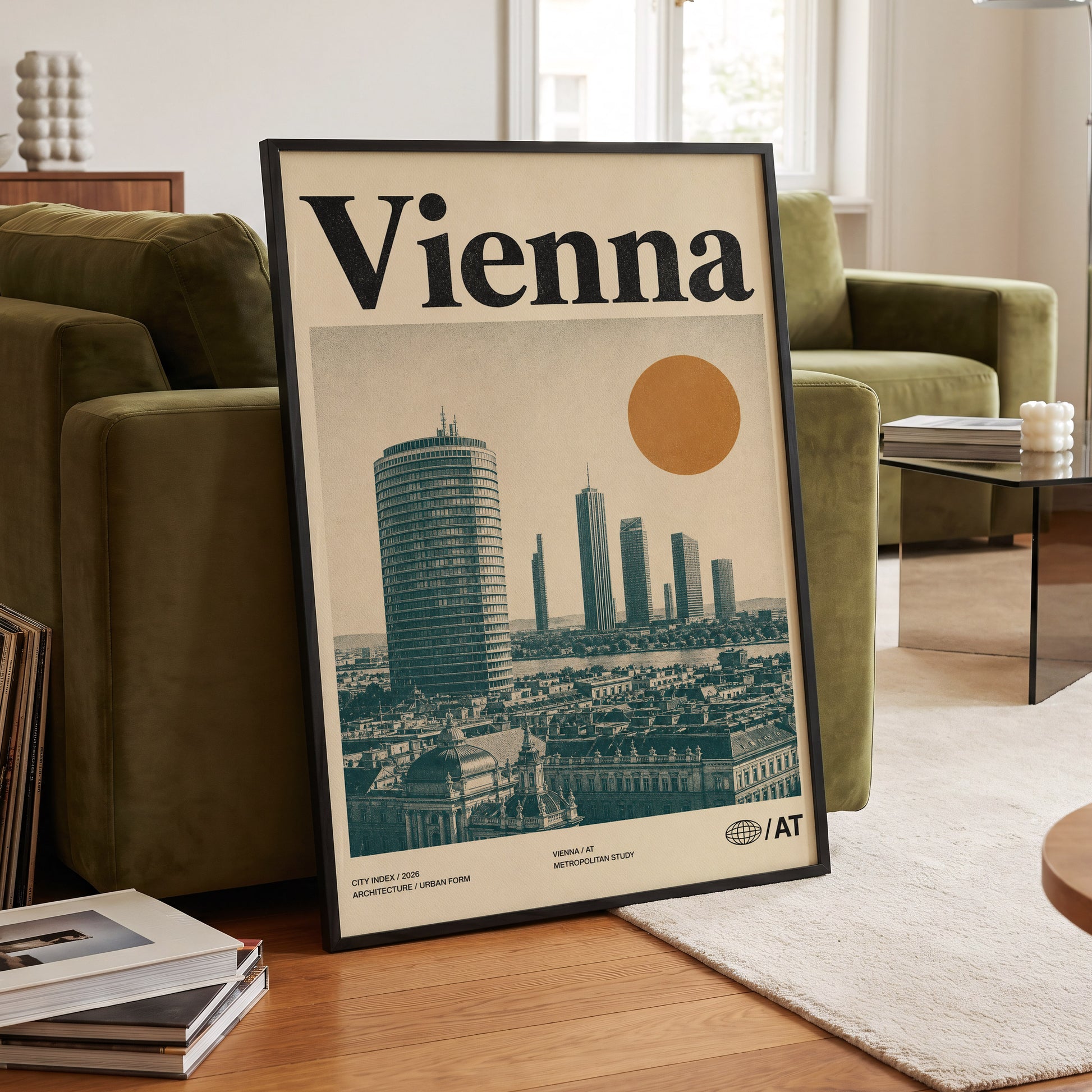 Vienna Skyline Study, beige, green, black minimalist wall art displayed in a styled interior, gallery view 6