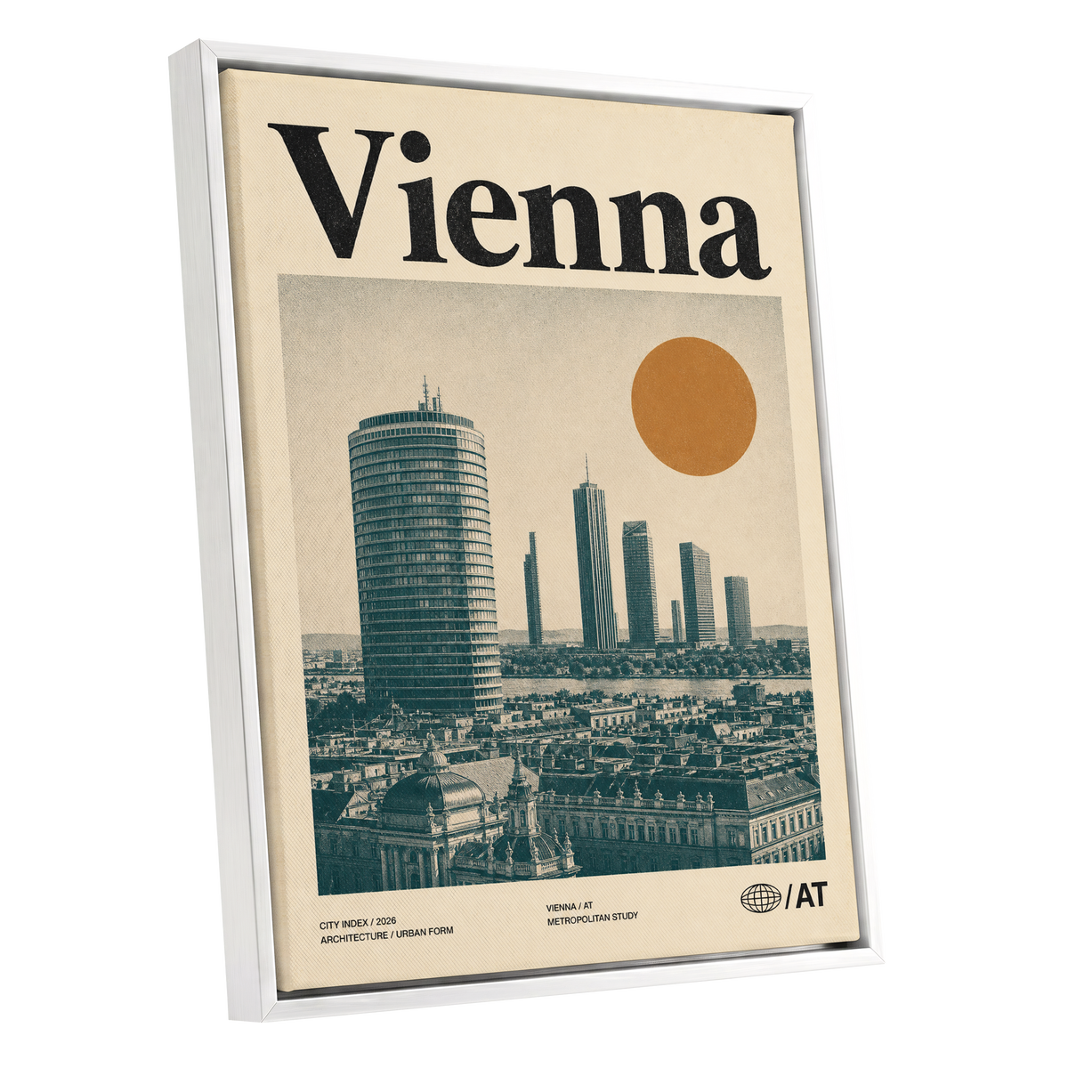 Vienna Skyline Study, beige, green, black minimalist wall art shown as a white framed canvas wall art