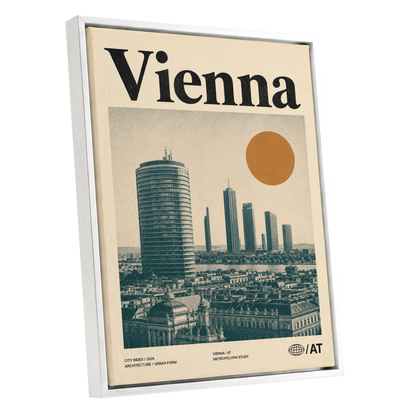 Vienna Skyline Study, beige, green, black minimalist wall art shown as a white framed canvas wall art