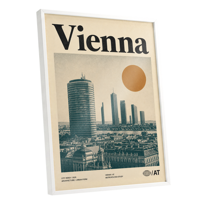 Vienna Skyline Study, beige, green, black minimalist wall art shown as a white framed poster wall art print