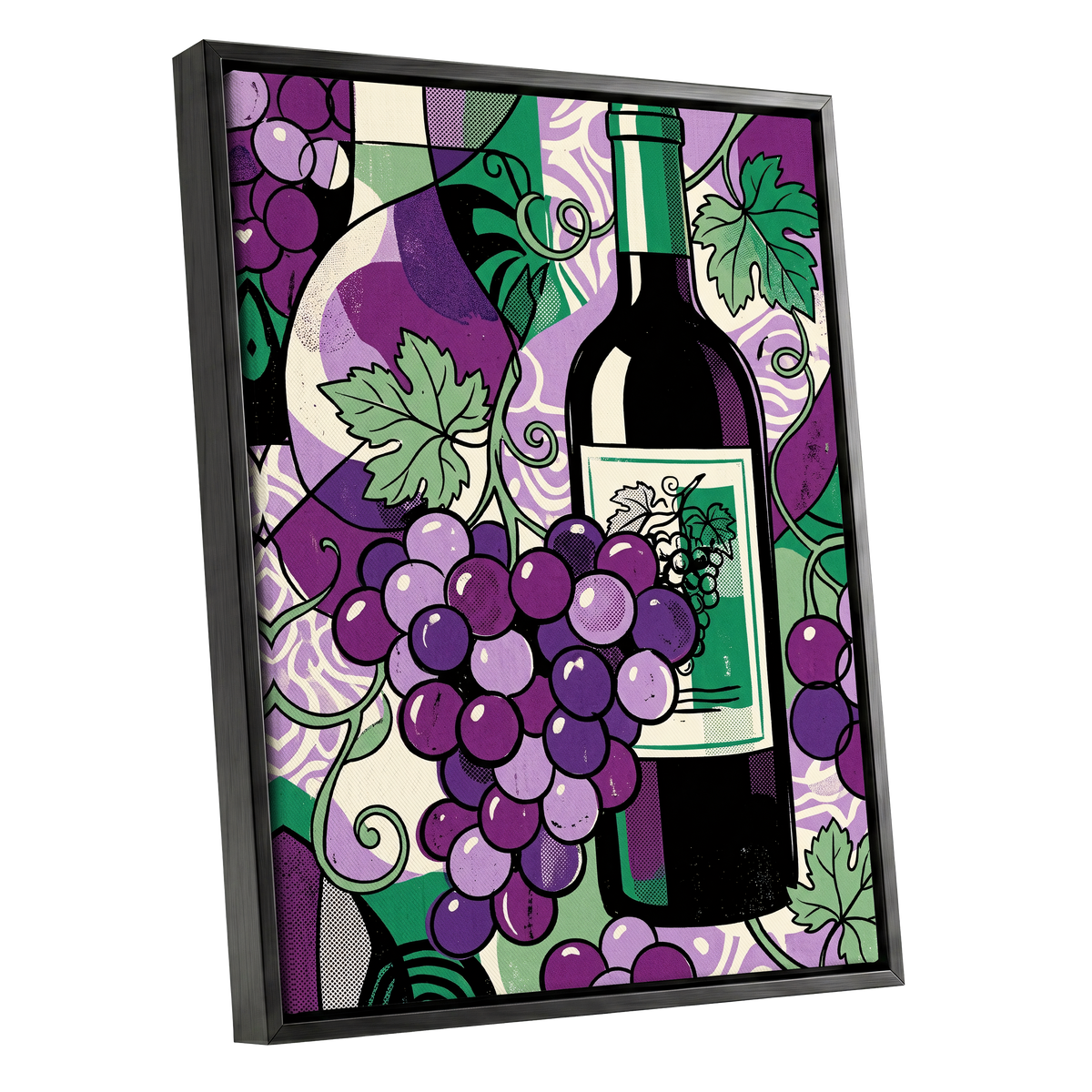 Vineyard After Dark, purple, green, black nature wall art shown as a black framed canvas wall art