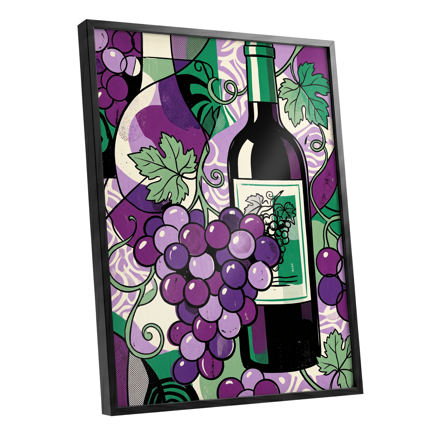 Vineyard After Dark, purple, green, black nature wall art shown as a black framed poster wall art print