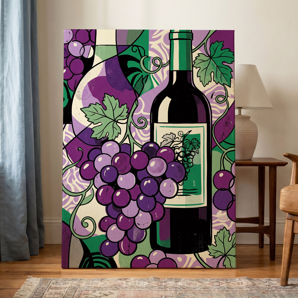 Vineyard After Dark, purple, green, black nature wall art on canvas displayed in a styled interior, gallery view 1