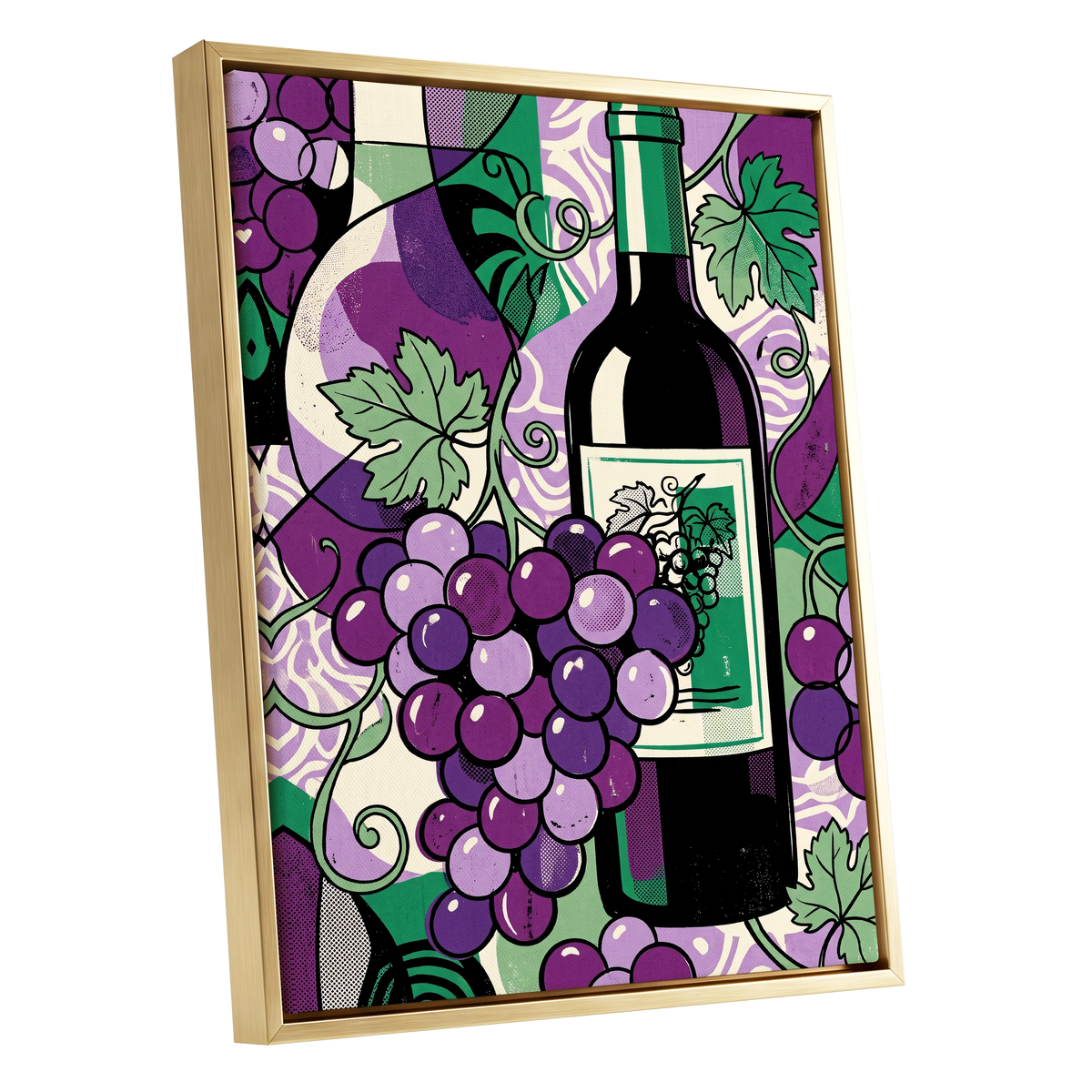 Vineyard After Dark, purple, green, black nature wall art shown as a gold framed canvas wall art