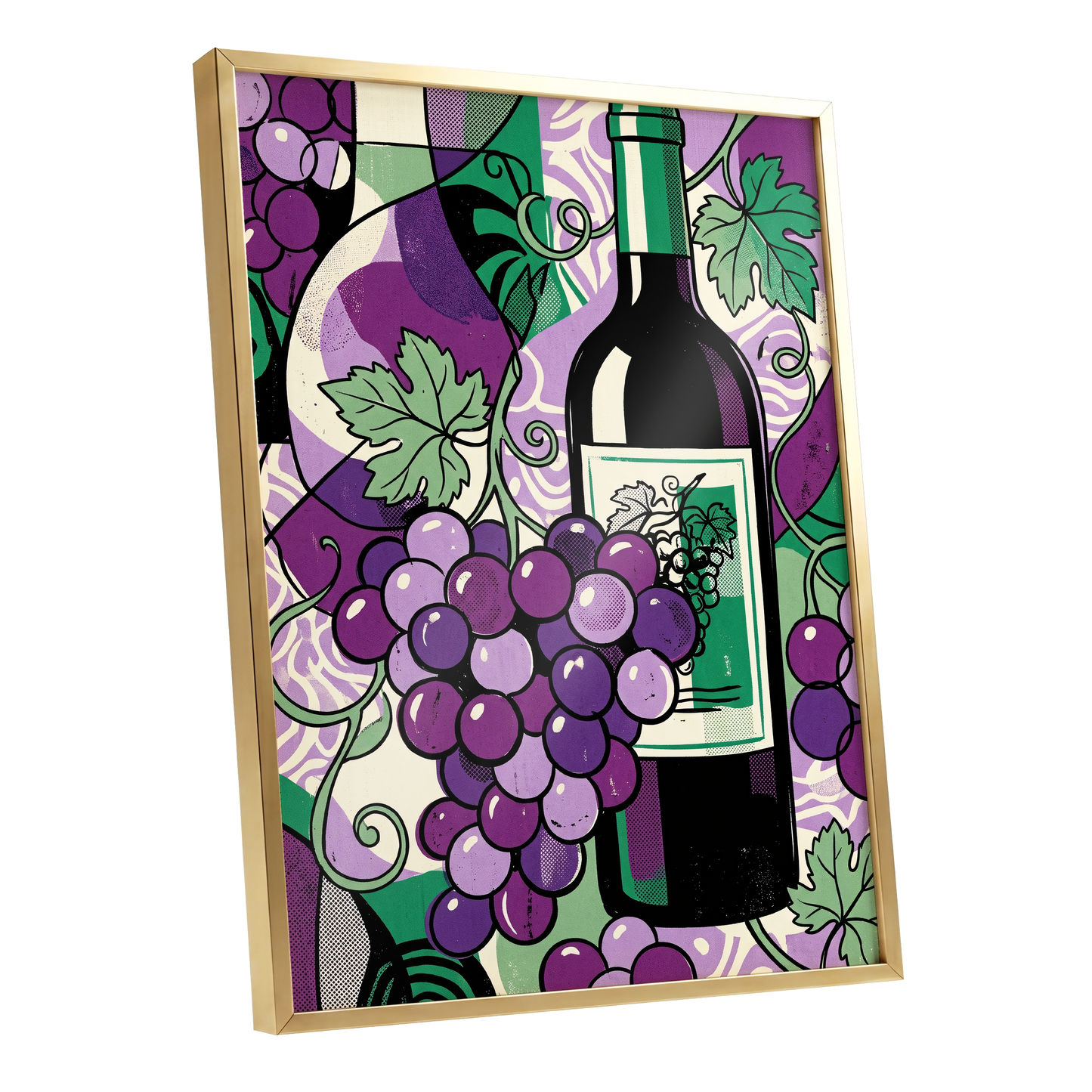 Vineyard After Dark, purple, green, black nature wall art shown as a gold framed poster wall art print