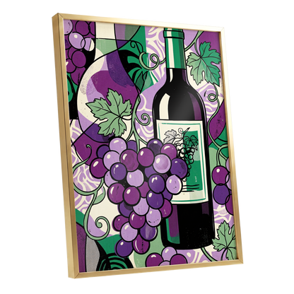 Vineyard After Dark, purple, green, black nature wall art shown as a gold framed poster wall art print