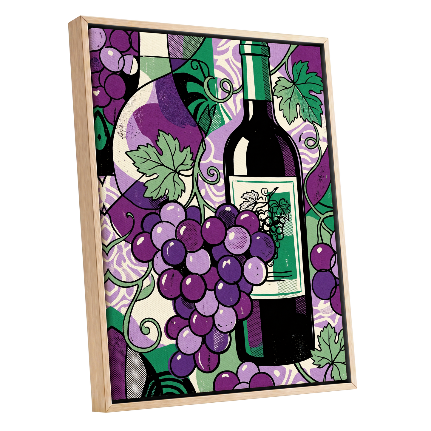 Vineyard After Dark, purple, green, black nature wall art shown as a oak framed canvas wall art