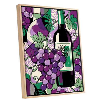 Vineyard After Dark, purple, green, black nature wall art shown as a oak framed canvas wall art