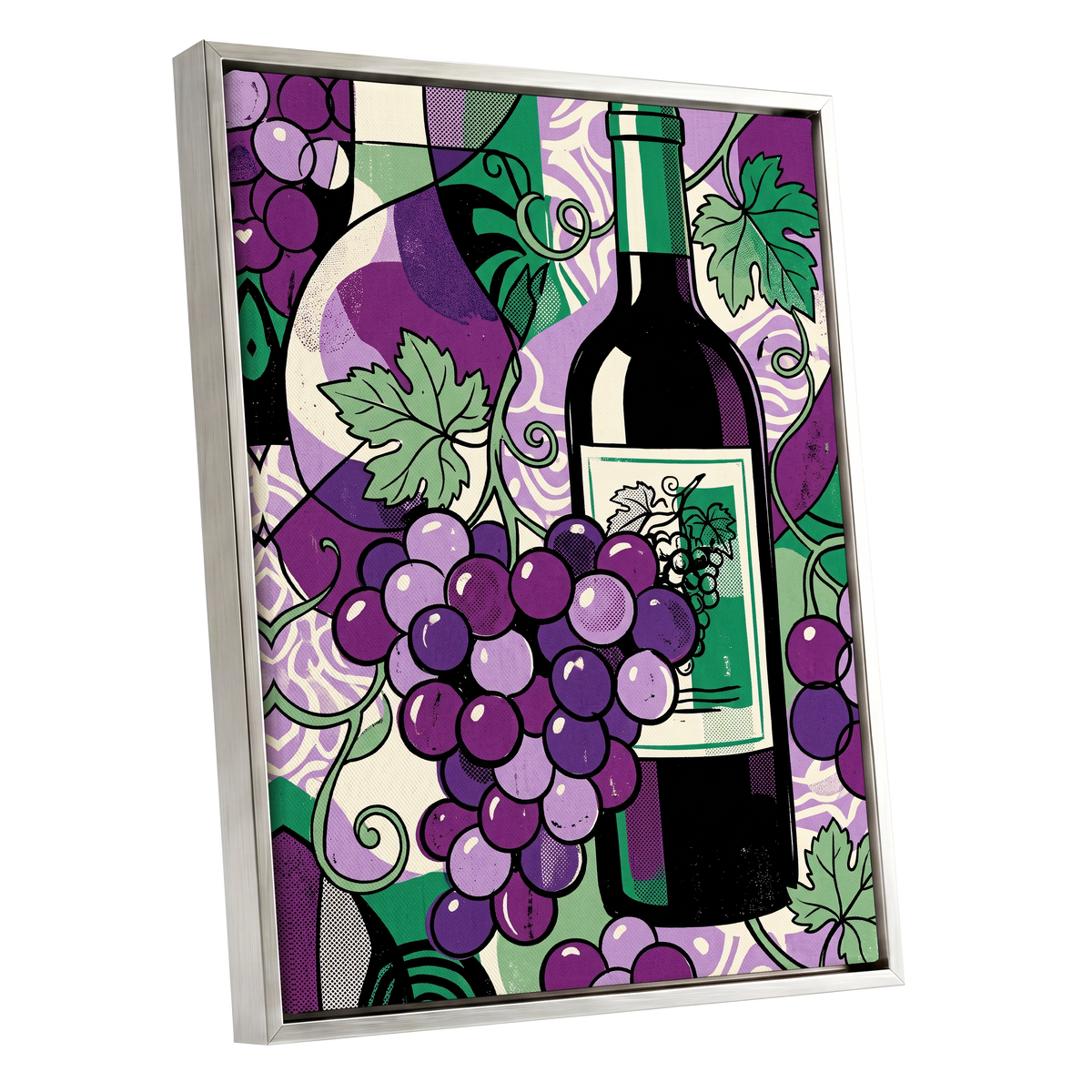 Vineyard After Dark, purple, green, black nature wall art shown as a silver framed canvas wall art