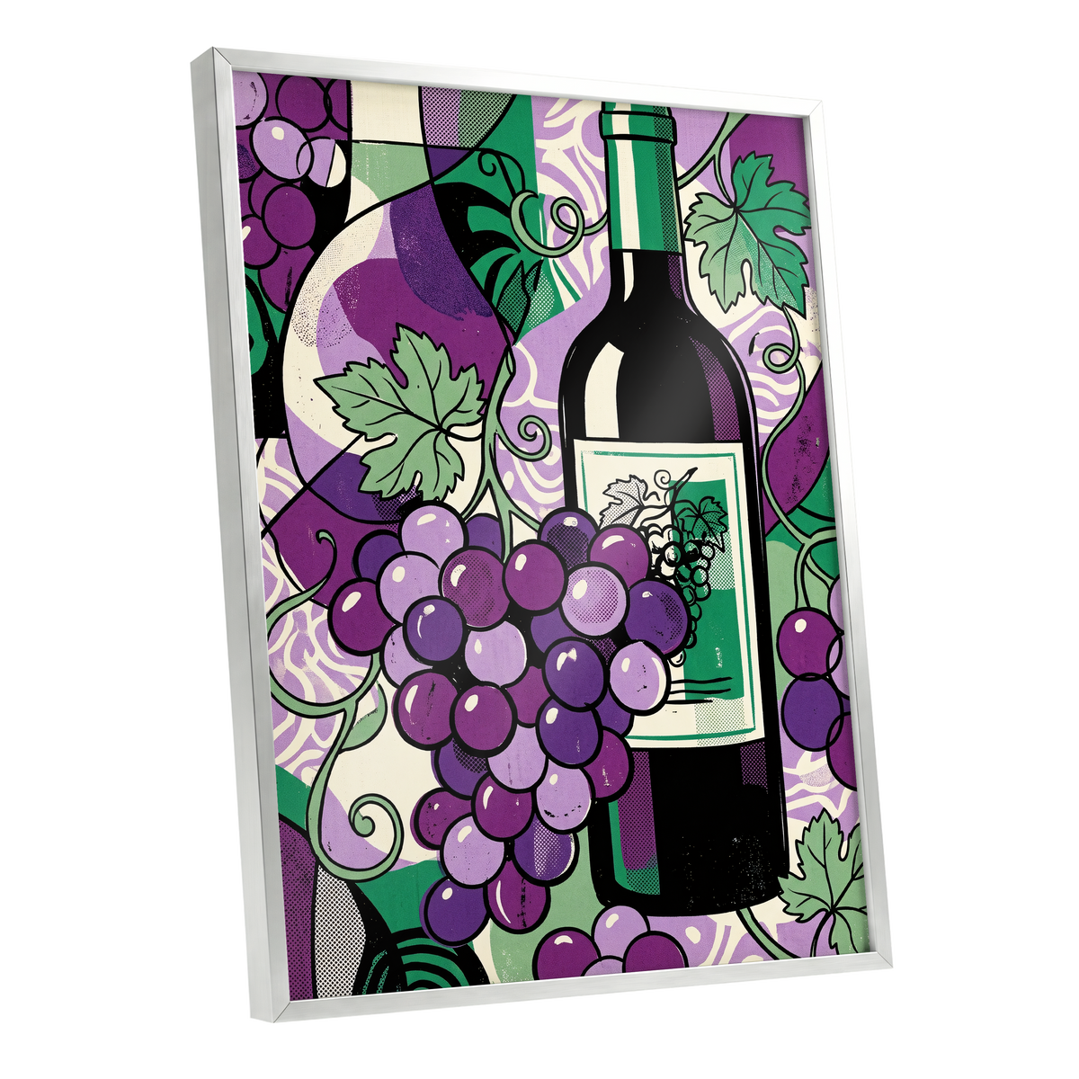 Vineyard After Dark, purple, green, black nature wall art shown as a silver framed poster wall art print