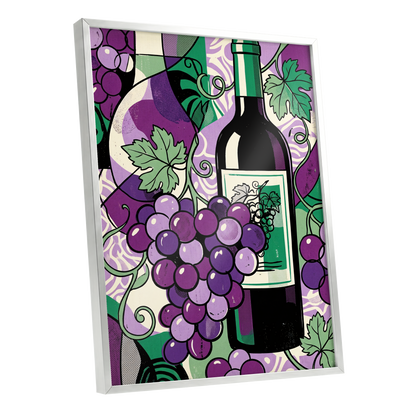 Vineyard After Dark, purple, green, black nature wall art shown as a silver framed poster wall art print