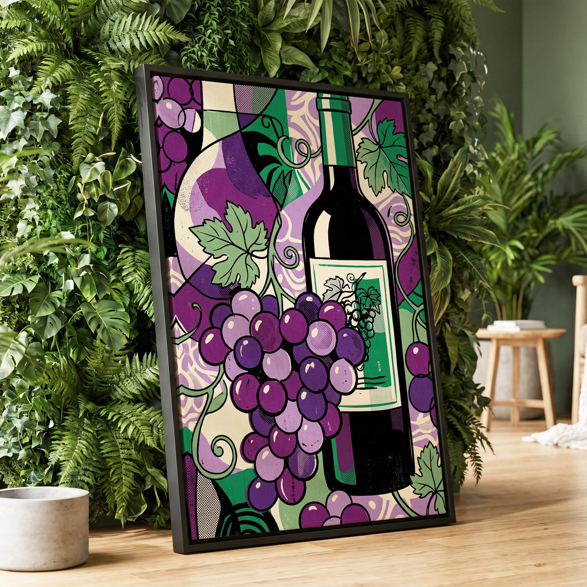 Vineyard After Dark, purple, green, black nature wall art displayed in a styled interior, gallery view 2