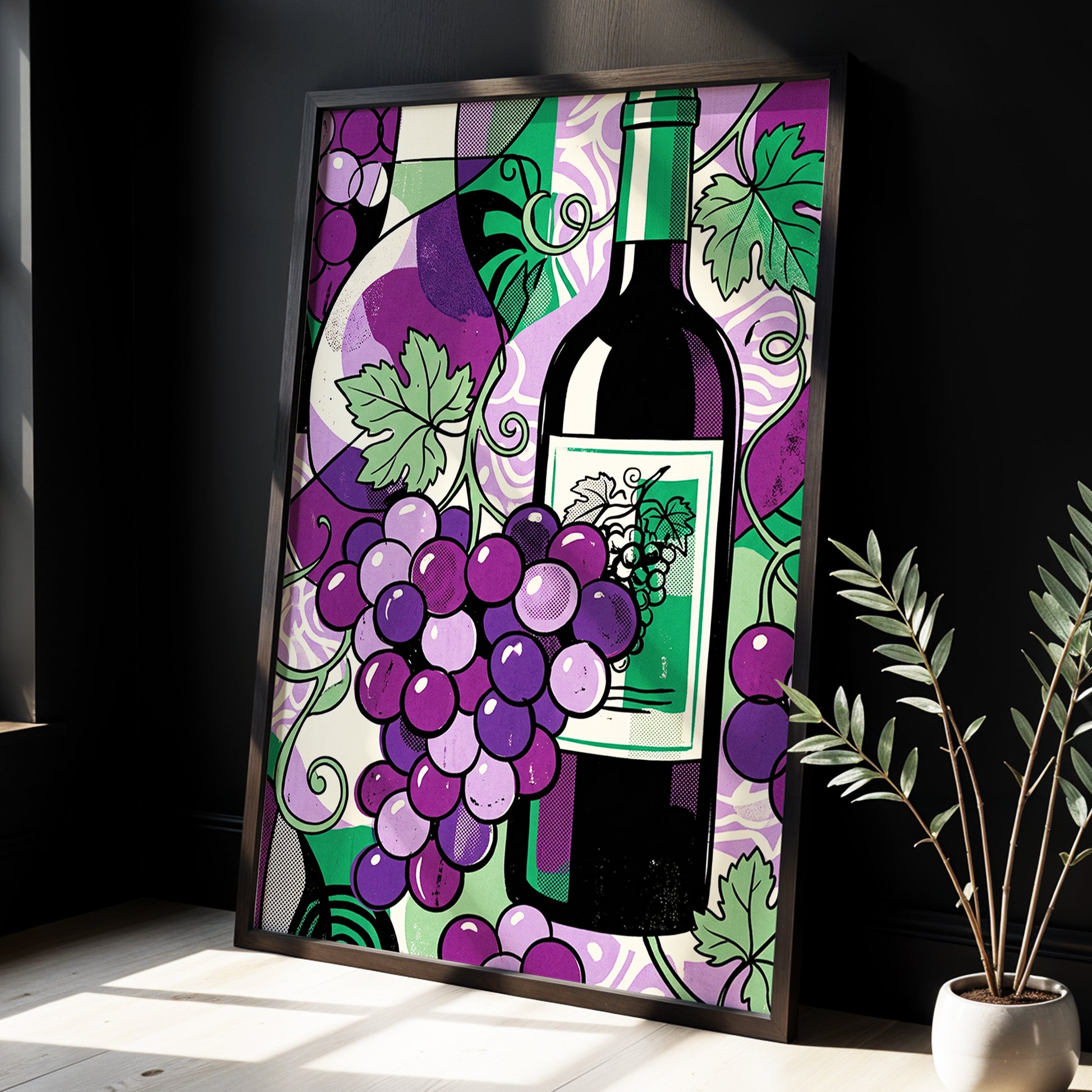 Vineyard After Dark, purple, green, black nature wall art displayed in a styled interior, gallery view 3
