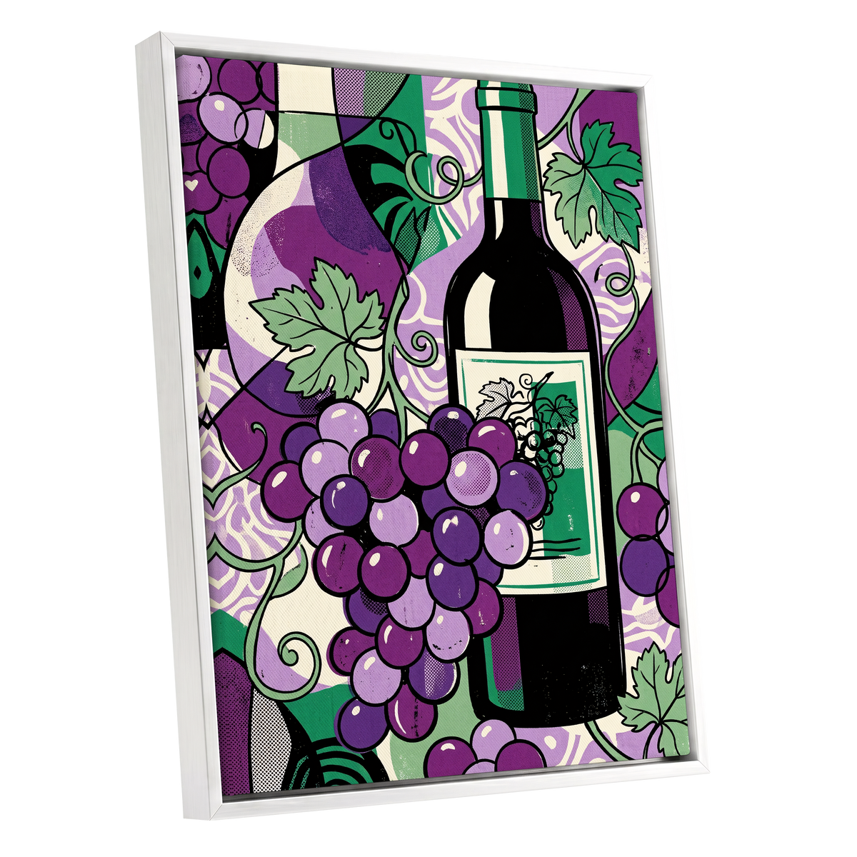 Vineyard After Dark, purple, green, black nature wall art shown as a white framed canvas wall art