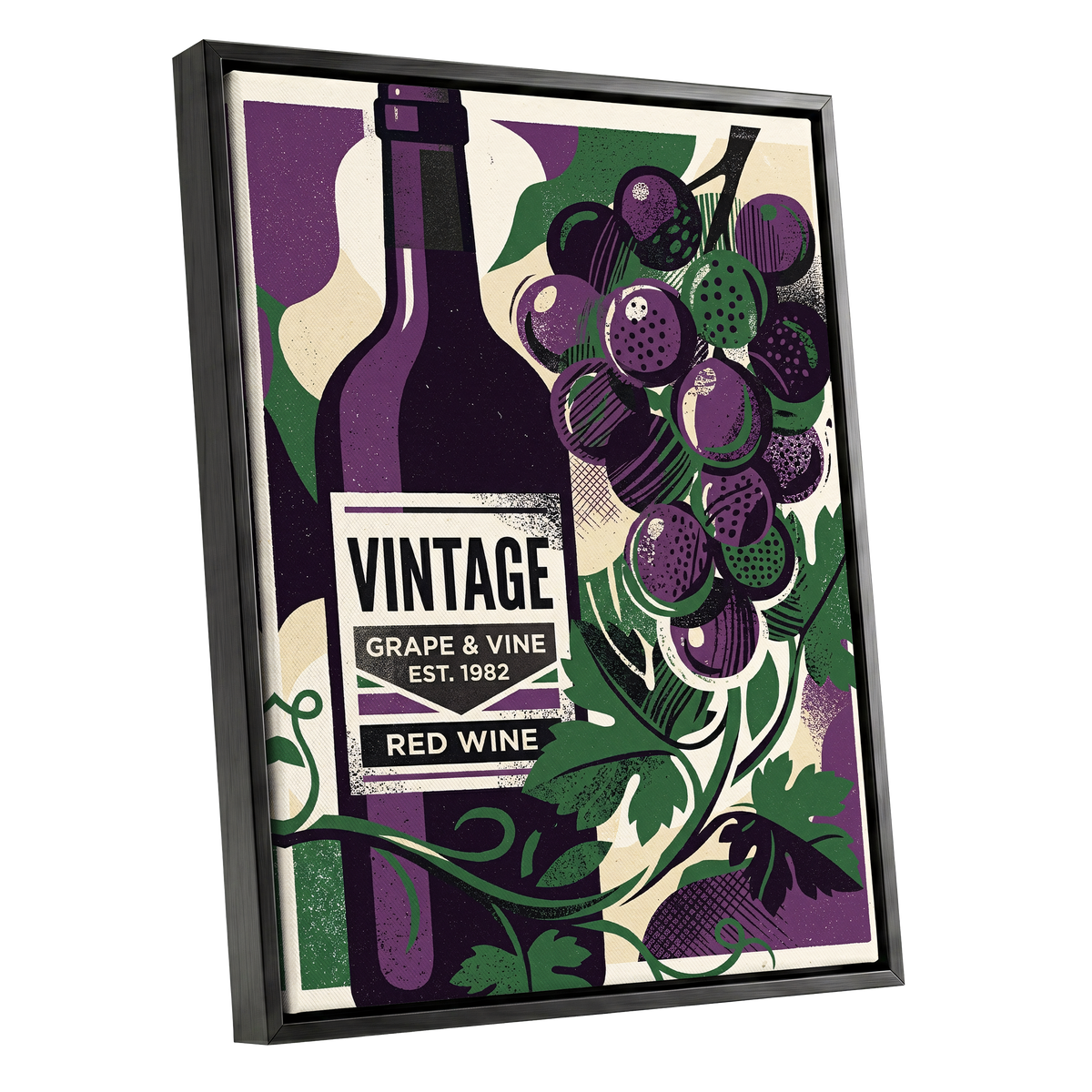 Vintage Vine Nocturne, purple, green, black nature wall art shown as a black framed canvas wall art