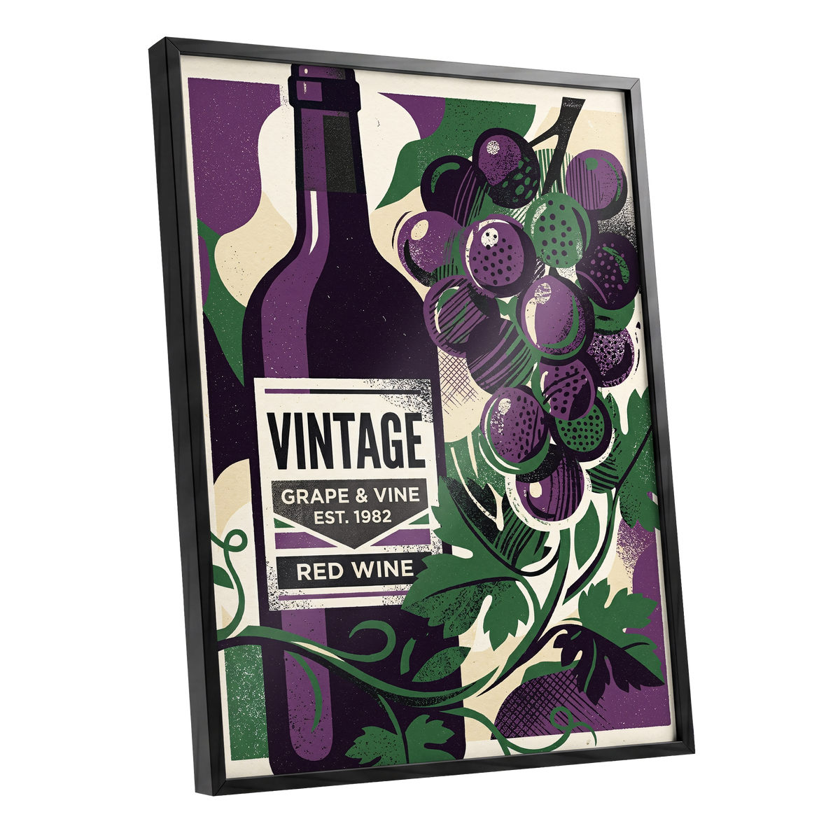 Vintage Vine Nocturne, purple, green, black nature wall art shown as a black framed poster wall art print