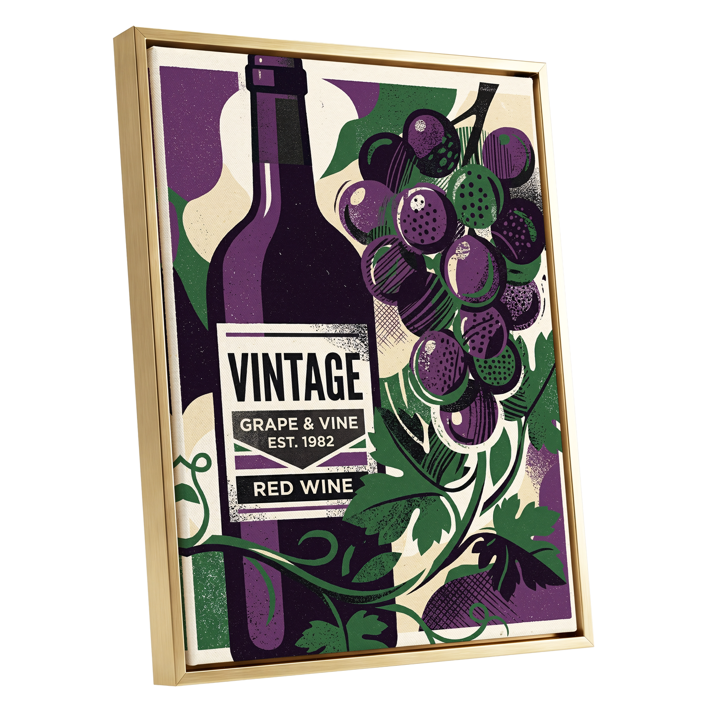 Vintage Vine Nocturne, purple, green, black nature wall art shown as a gold framed canvas wall art