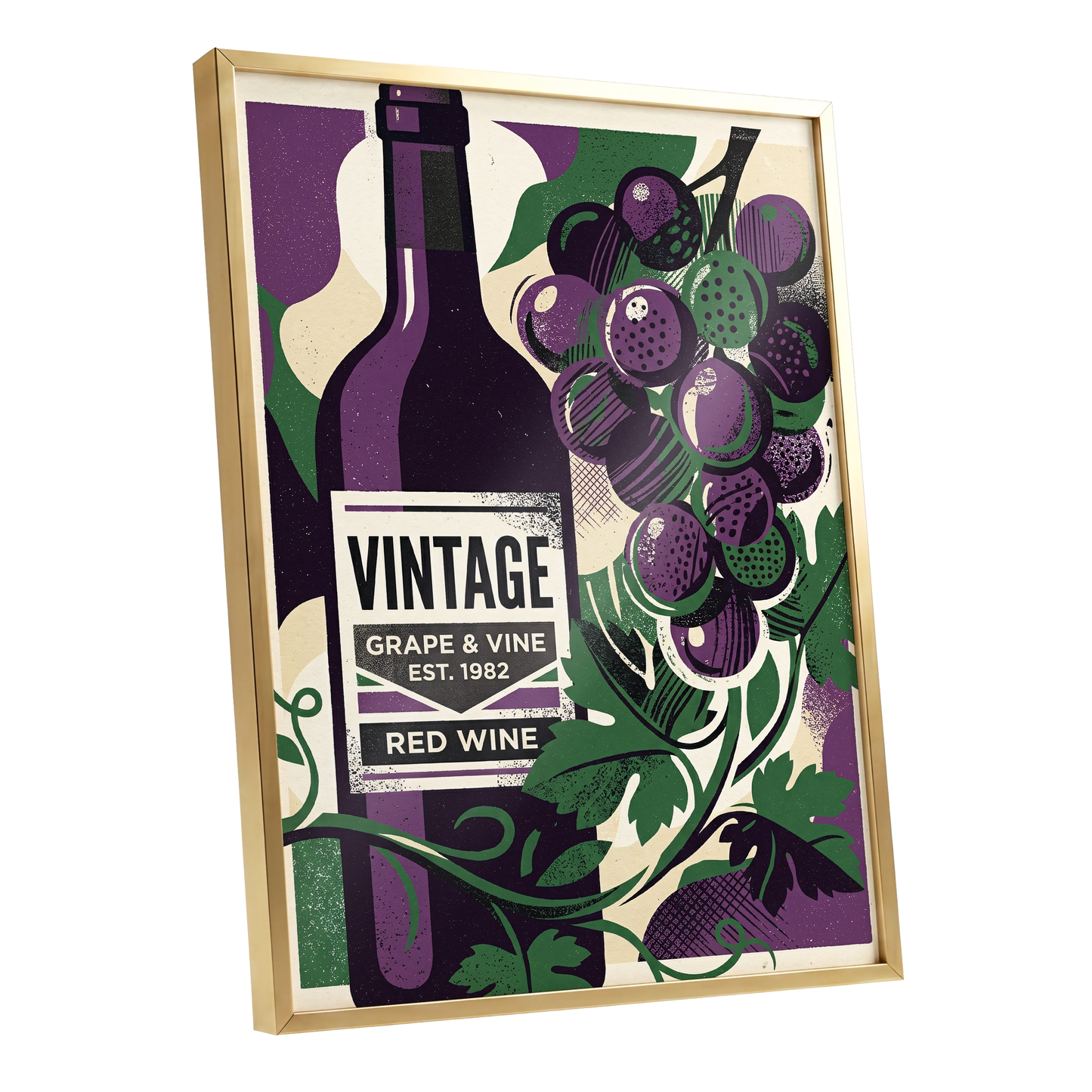 Vintage Vine Nocturne, purple, green, black nature wall art shown as a gold framed poster wall art print