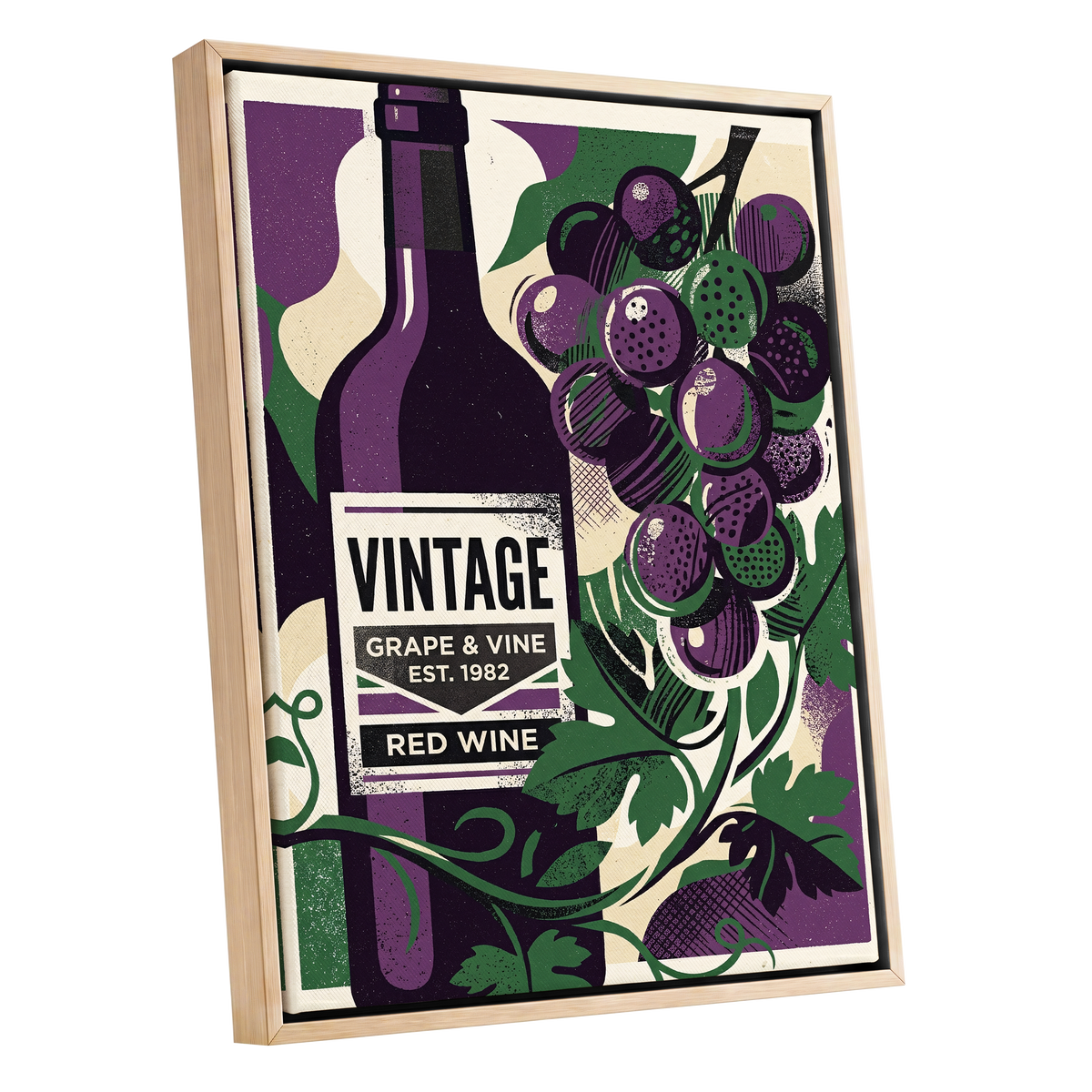 Vintage Vine Nocturne, purple, green, black nature wall art shown as a oak framed canvas wall art