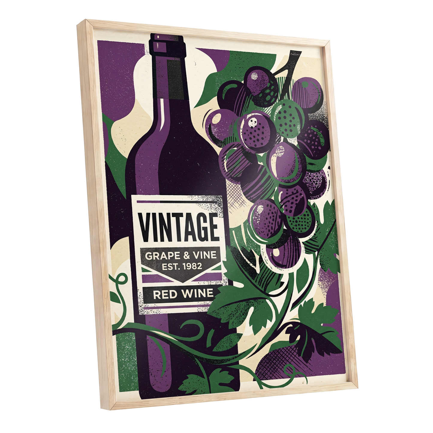 Vintage Vine Nocturne, purple, green, black nature wall art shown as a oak framed poster wall art print