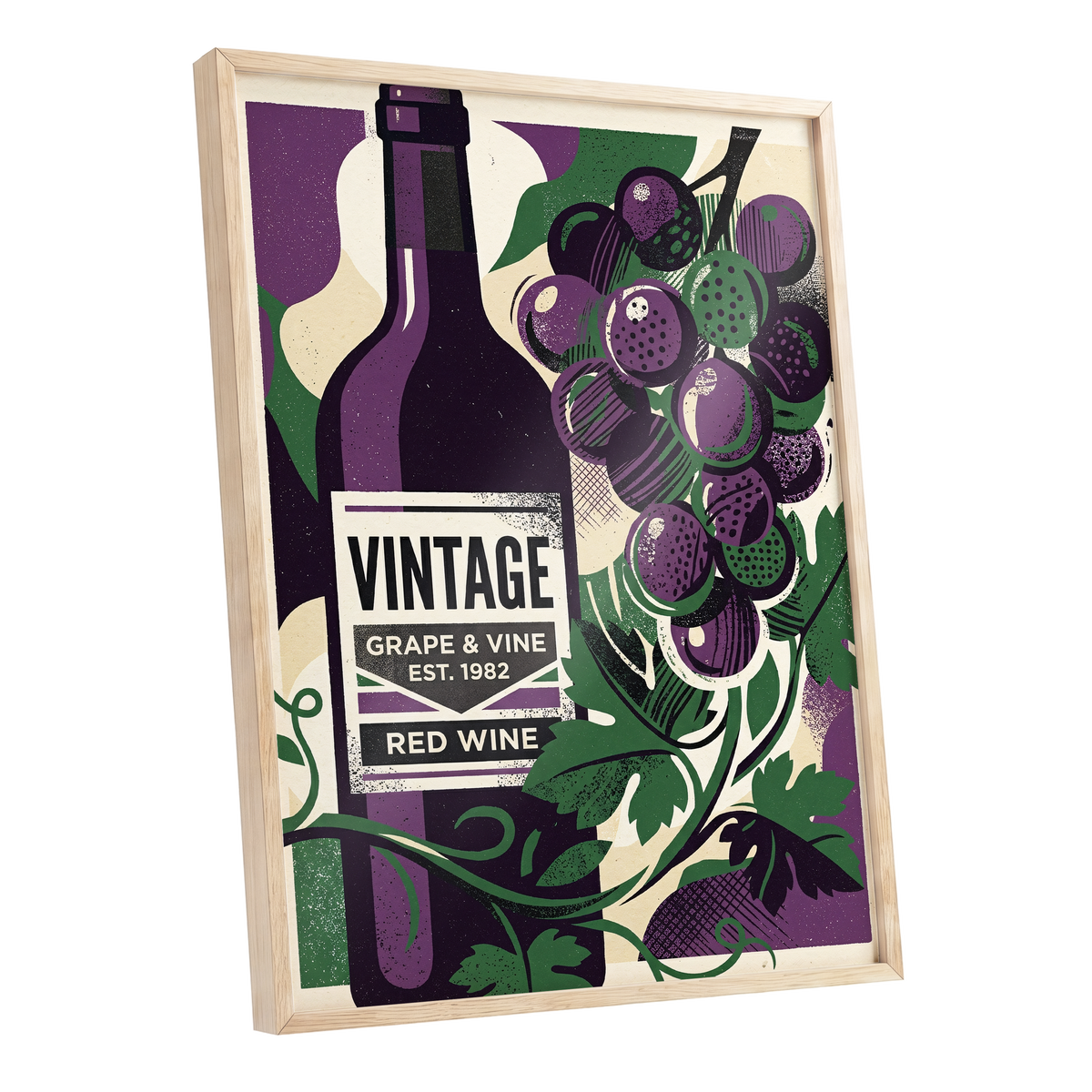 Vintage Vine Nocturne, purple, green, black nature wall art shown as a oak framed poster wall art print