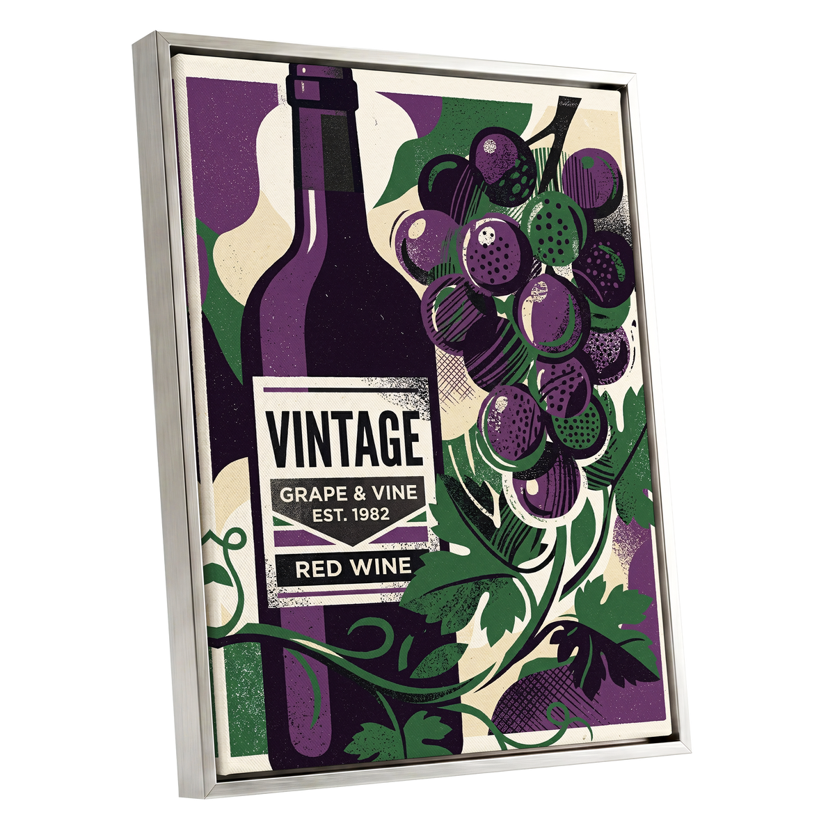 Vintage Vine Nocturne, purple, green, black nature wall art shown as a silver framed canvas wall art