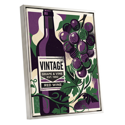 Vintage Vine Nocturne, purple, green, black nature wall art shown as a silver framed canvas wall art