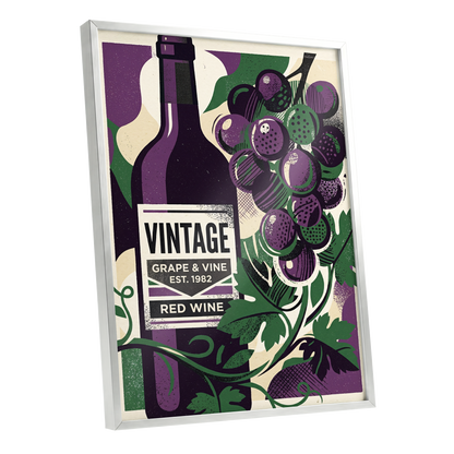 Vintage Vine Nocturne, purple, green, black nature wall art shown as a silver framed poster wall art print