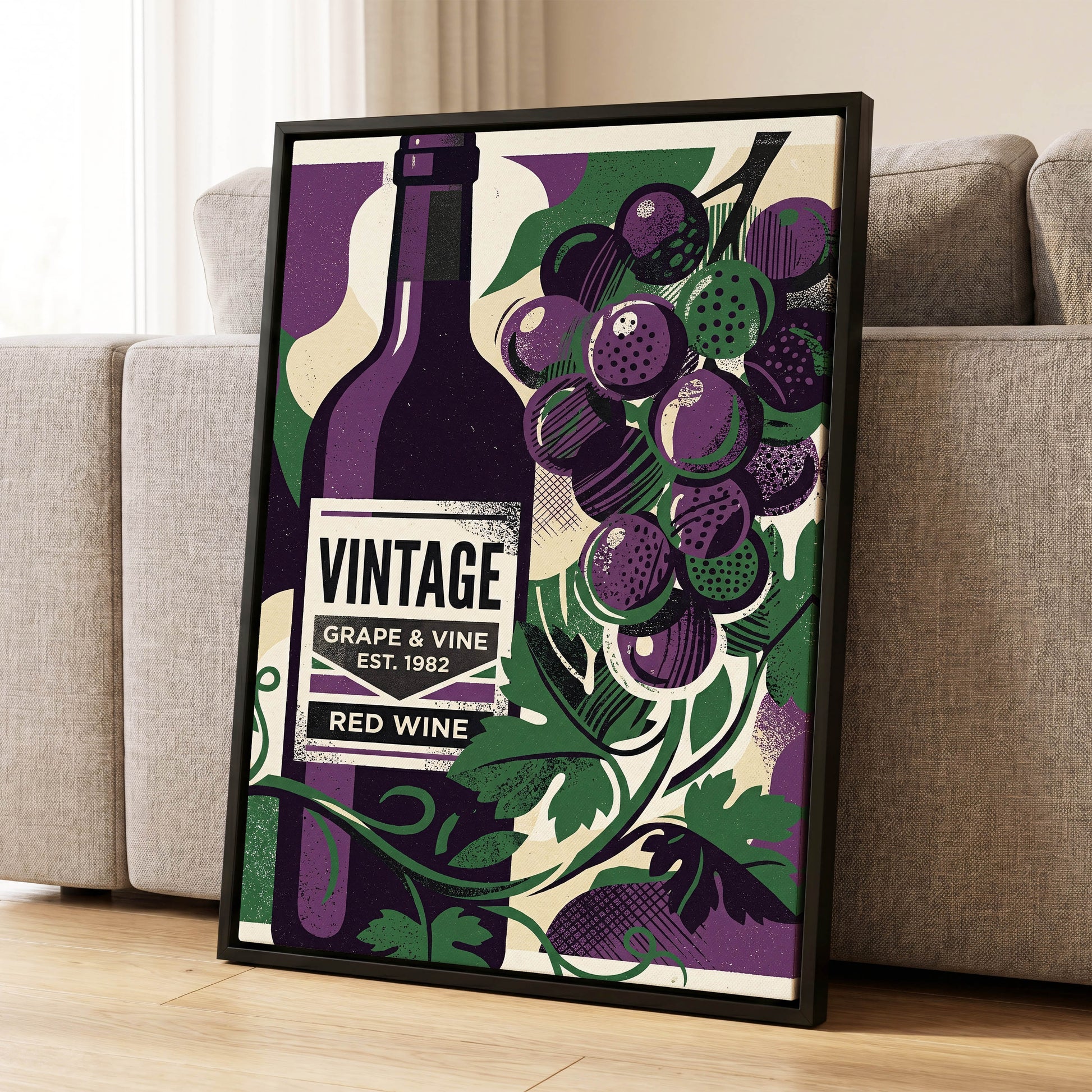 Vintage Vine Nocturne, purple, green, black nature wall art displayed in a styled interior, gallery view 1