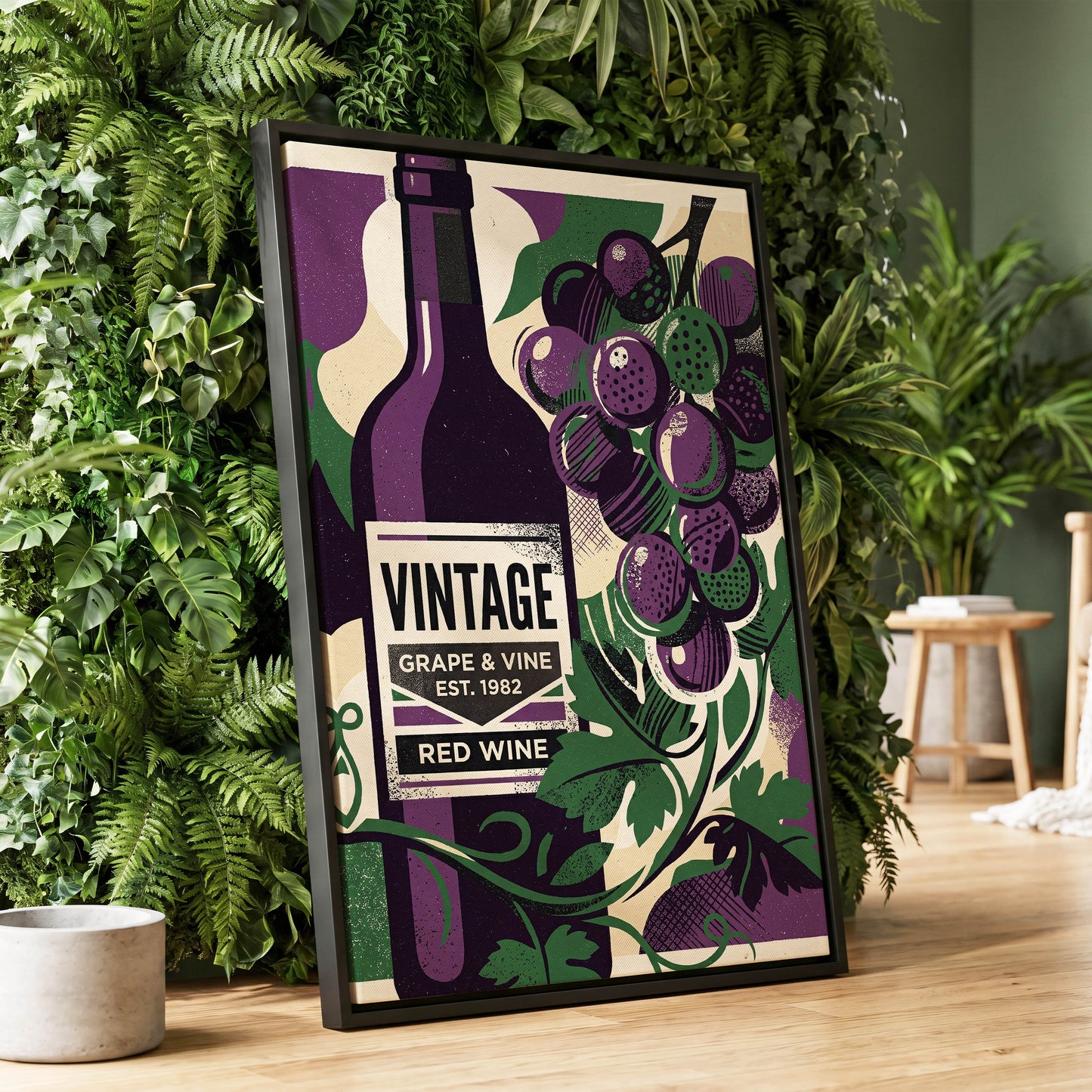 Vintage Vine Nocturne, purple, green, black nature wall art displayed in a styled interior, gallery view 2