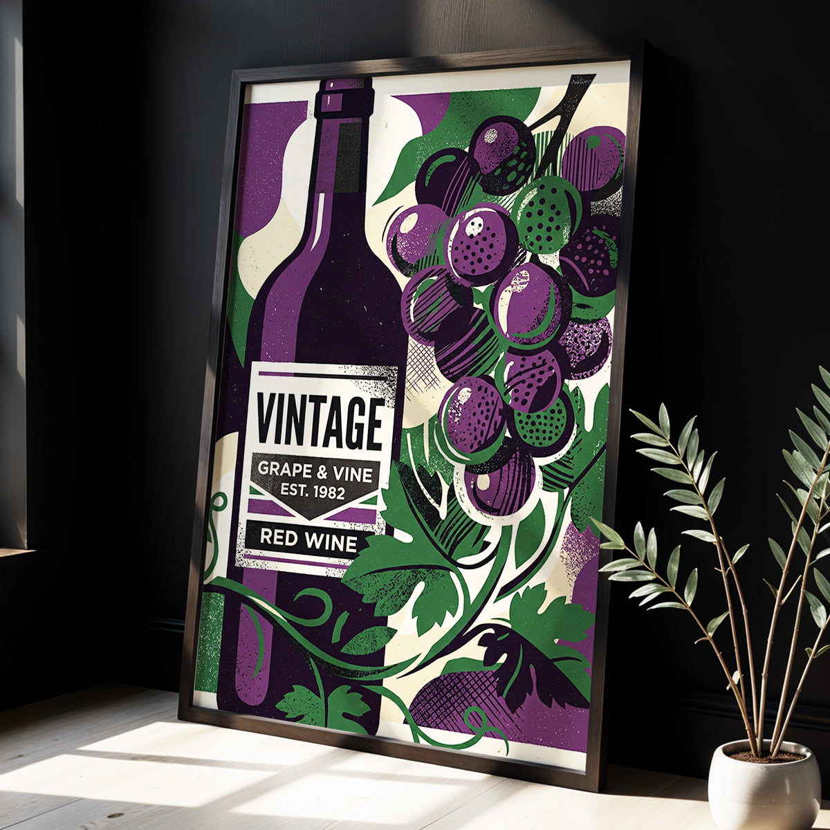 Vintage Vine Nocturne, purple, green, black nature wall art displayed in a styled interior, gallery view 3