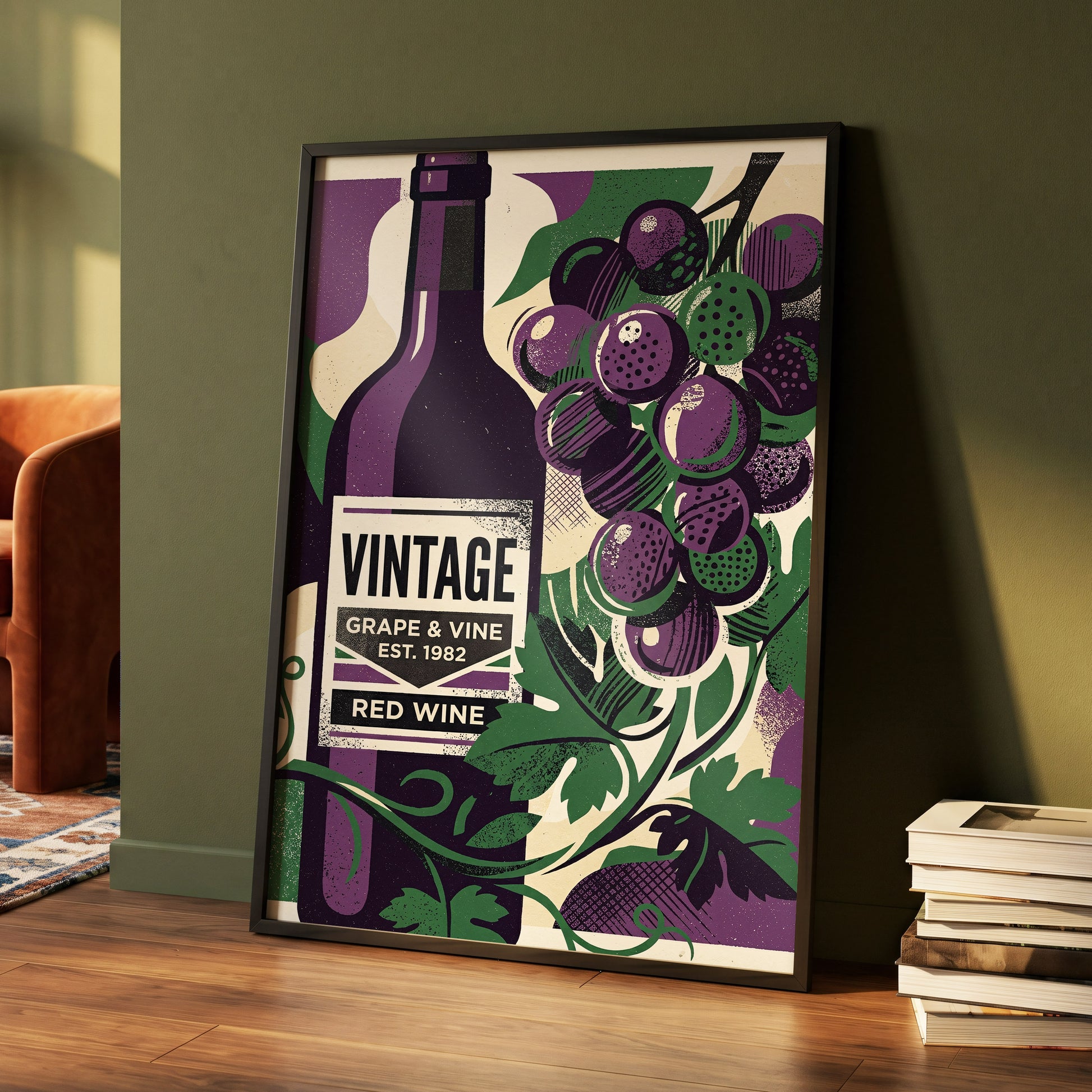 Vintage Vine Nocturne, purple, green, black nature wall art displayed in a styled interior, gallery view 5